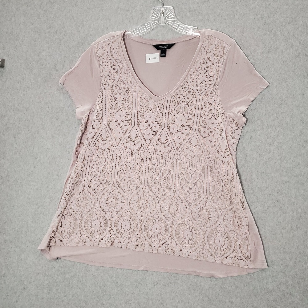 Simply Vera Wang Women Top Large Pink Lace V Neck Short Sleeve READ - Picture 1 of 10